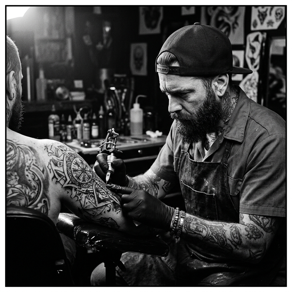 JOTA Tattoo Artist a tatuar com precisão no estúdio